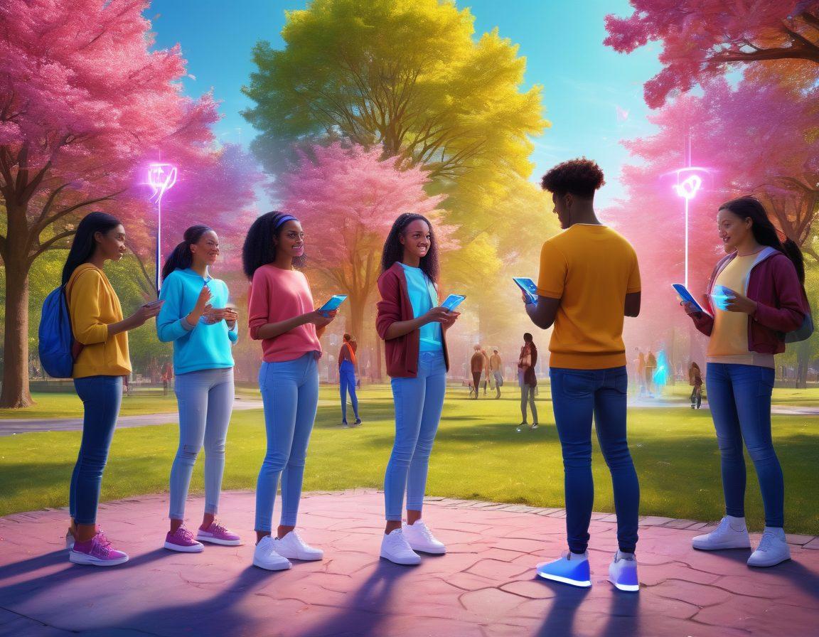 A vibrant scene of diverse young people engaging in digital interactions, surrounded by futuristic technology like holograms and augmented reality. Show a blend of offline and online connections, such as sharing joy through social media on their devices while standing in a park. Include vivid colors and playful digital elements to emphasize engagement and community. super-realistic. vibrant colors. 3D.