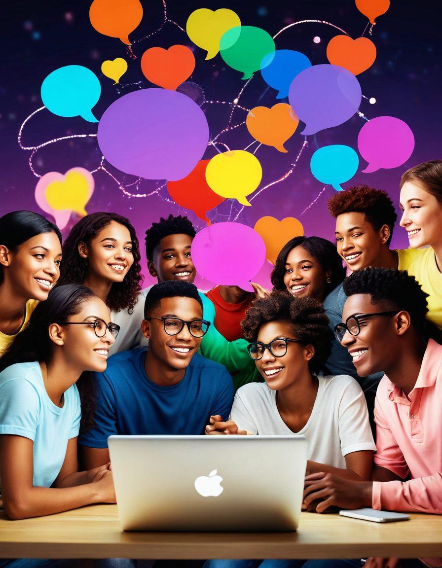 A diverse group of young people engaging in a lively online discussion, surrounded by colorful chat bubbles symbolizing various topics. In the background, digital elements like hearts and connection lines representing bonds being formed. The scene is warm and inviting, showcasing the power of online communities. Include a soft glowing light to enhance a sense of connection. super-realistic. vibrant colors. 3D.