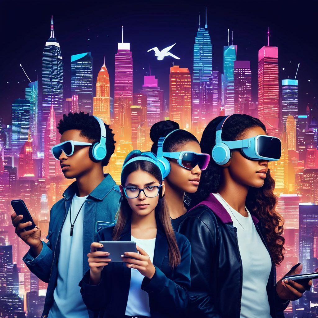 An intricate collage illustrating the transition from Millennials to Gen Z, featuring a vibrant cityscape with diverse youth wearing contemporary fashion, engaged with technology like smartphones and VR headsets. In the background, symbols of digital culture such as social media icons and pop culture references weave through the scene. Soft gradients of colorful lights create a dynamic atmosphere, symbolizing connection and evolution. digitally enhanced illustration. vibrant colors. modern design.